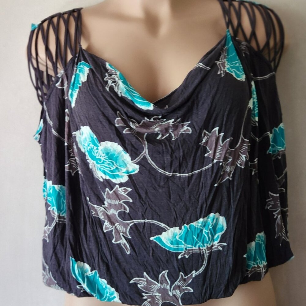 Free People top sz L brown blue floral oversize EUC